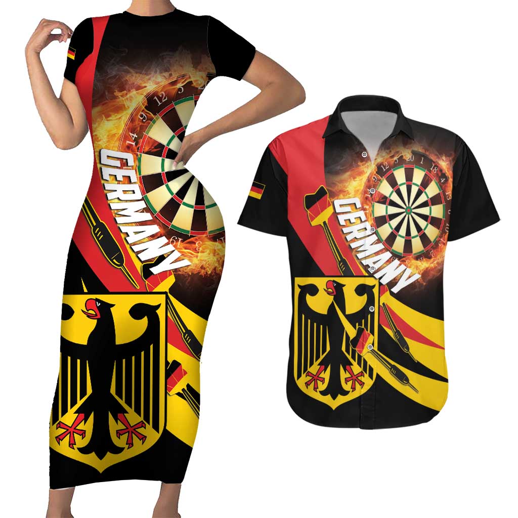 Germany Darts Couples Matching Short Sleeve Bodycon Dress and Hawaiian Shirt Flaming Dartboard Style - Wonder Print Shop