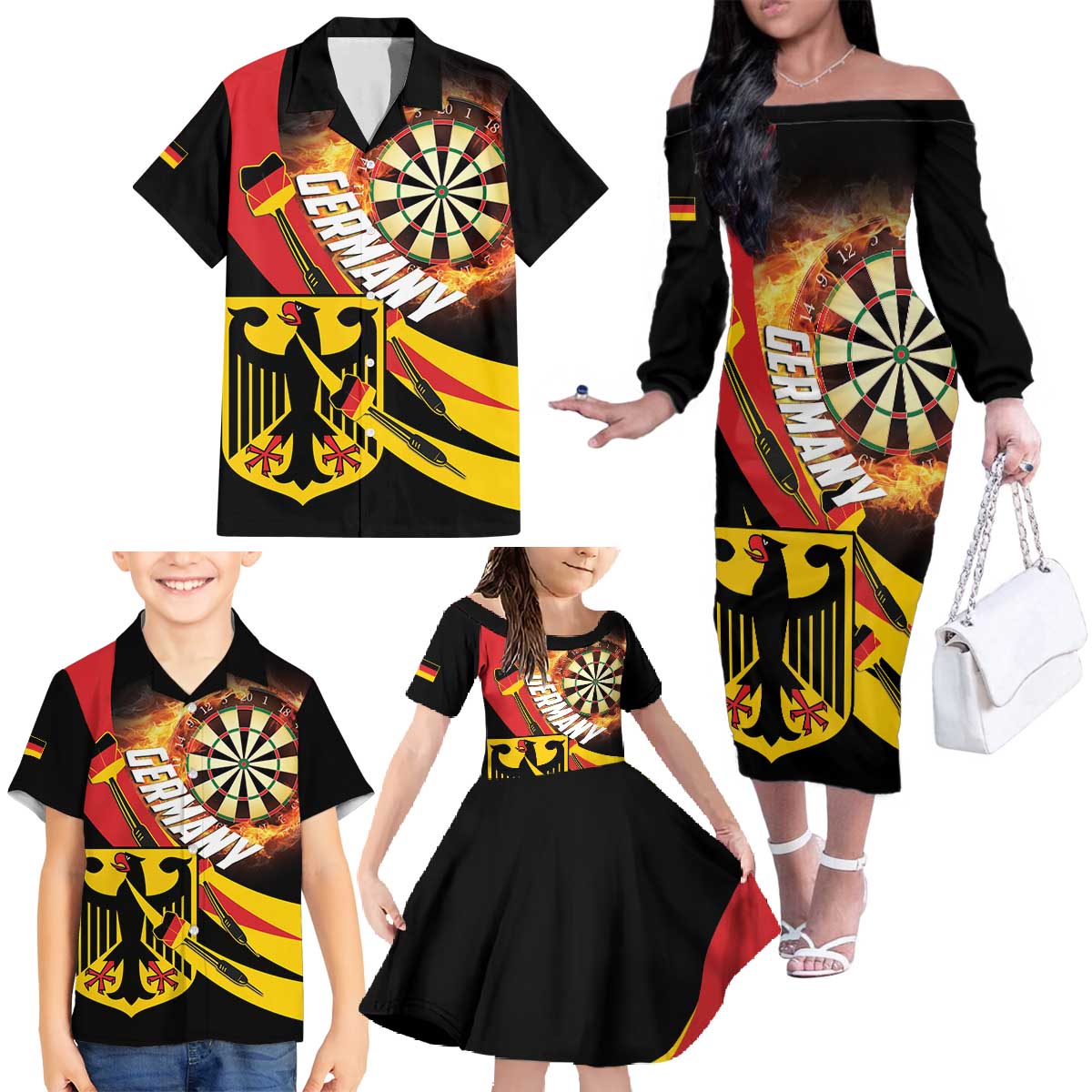 Germany Darts Family Matching Off The Shoulder Long Sleeve Dress and Hawaiian Shirt Flaming Dartboard Style - Wonder Print Shop