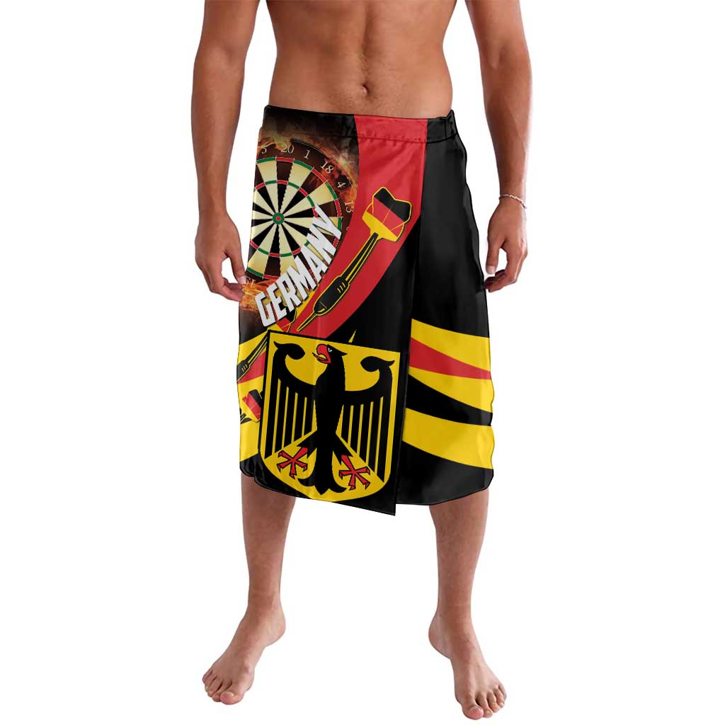 Black shorts with Germany dartboard and flaming graphic on the front panel