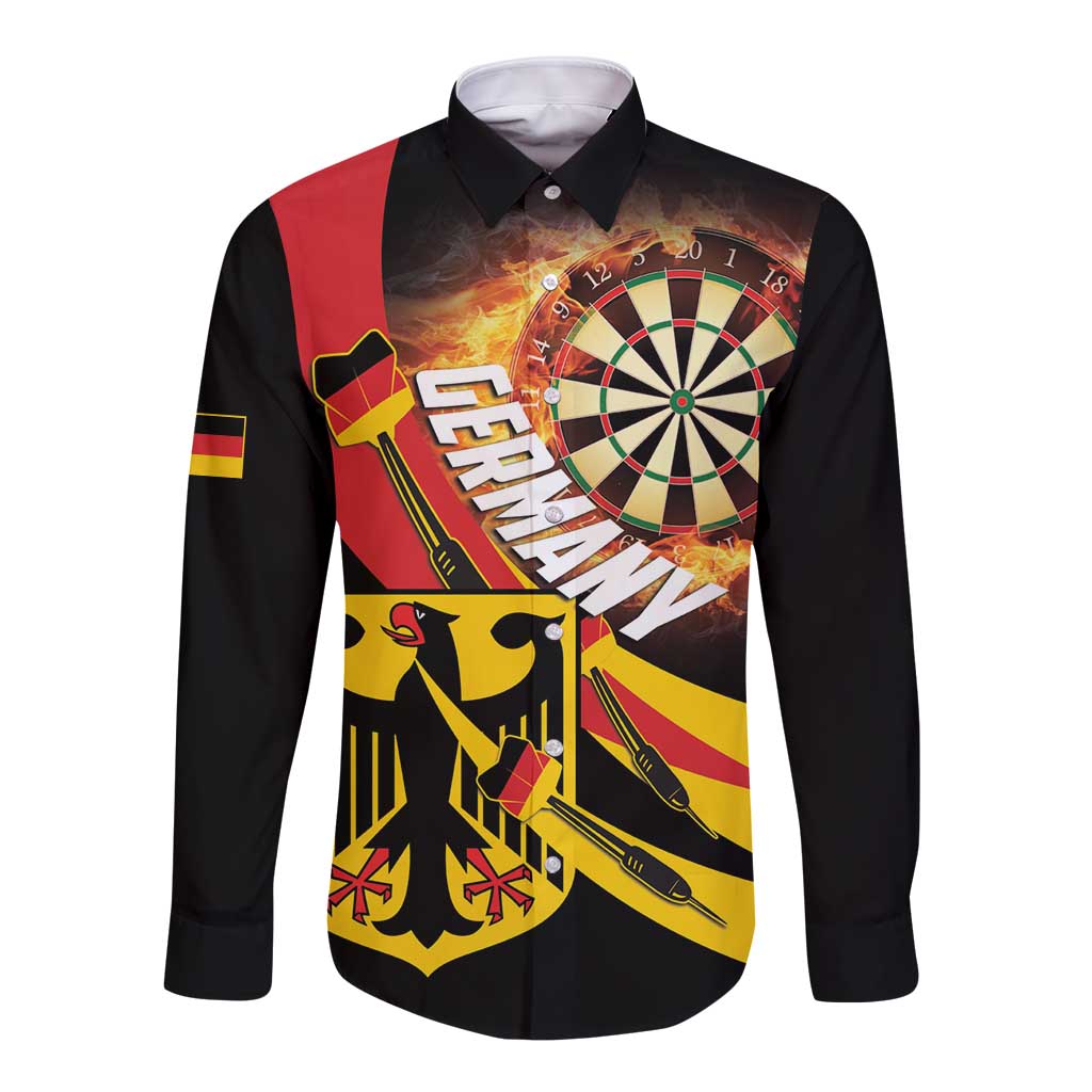 Black long-sleeve button shirt with flaming dartboard Germany graphic, front