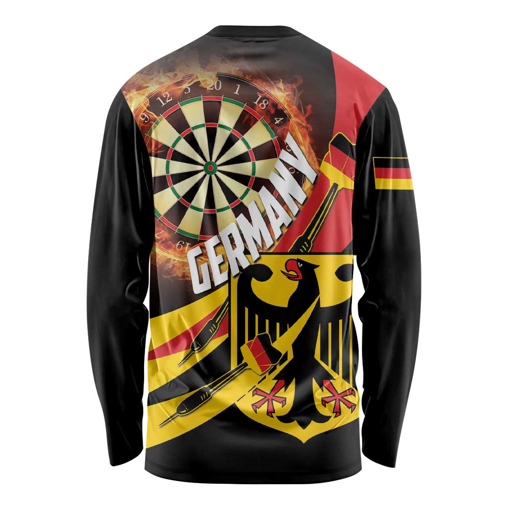 Black long-sleeve dart graphic shirt, back view with fiery dartboard and GERMAN text