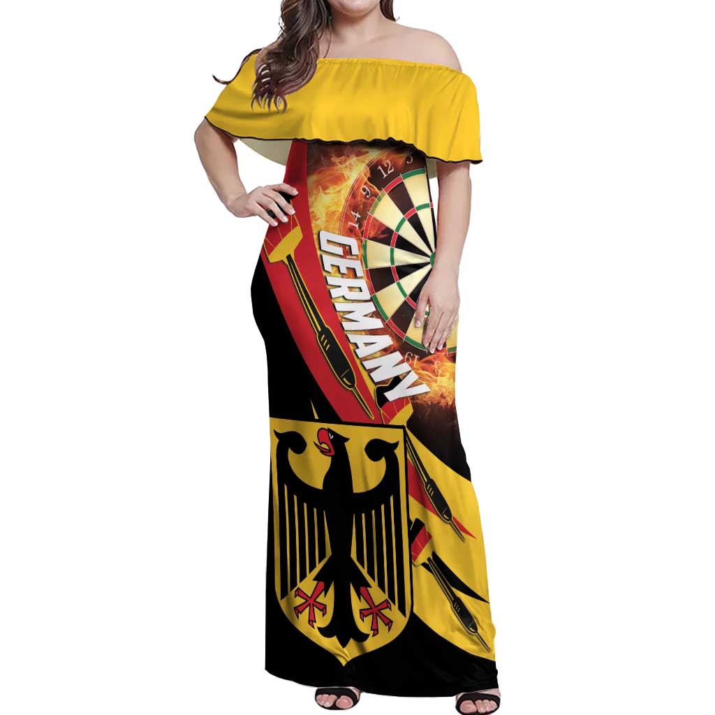 Personalised Germany Darts Off Shoulder Maxi Dress Flaming Dartboard Style