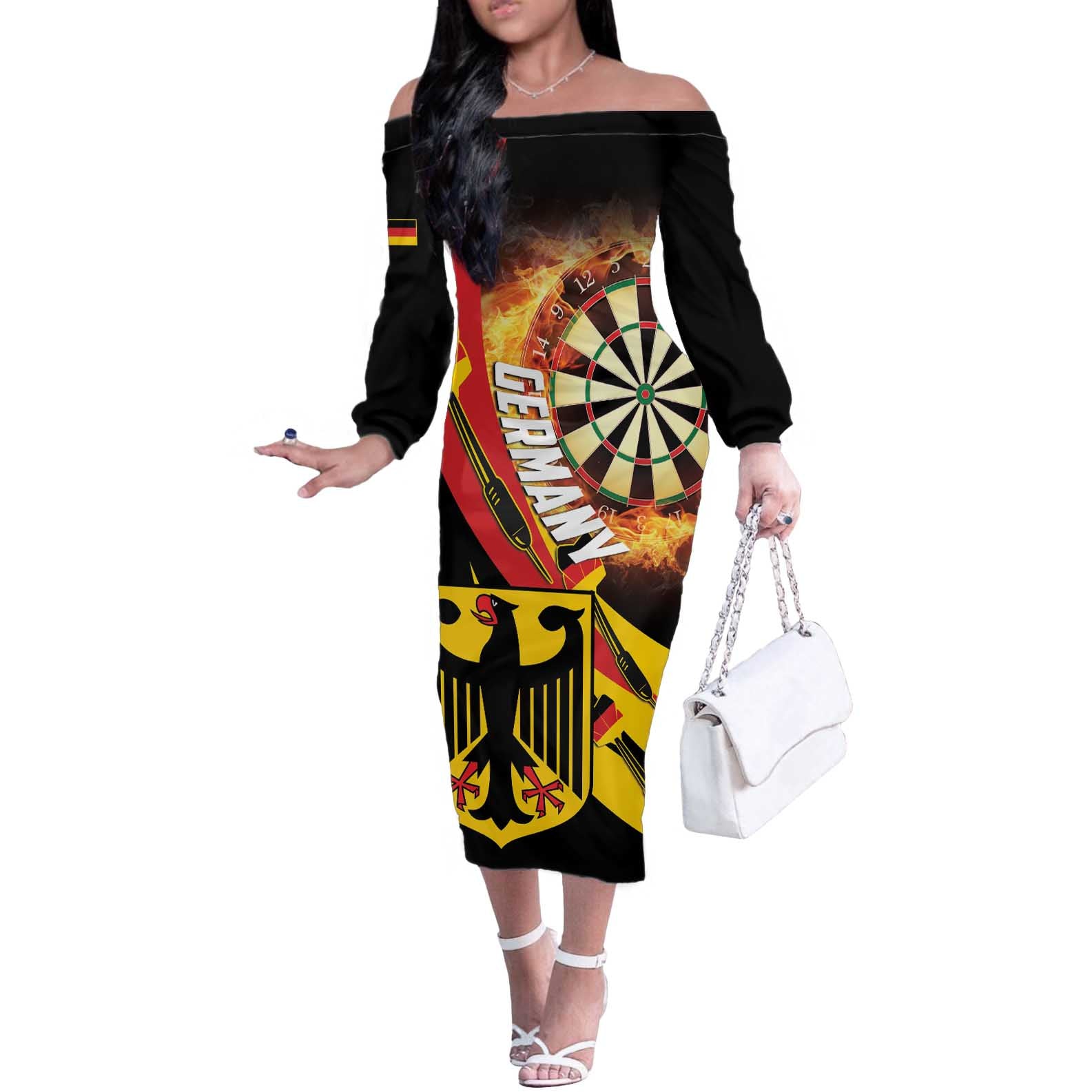 Personalised Germany Darts Off The Shoulder Long Sleeve Dress Flaming Dartboard Style