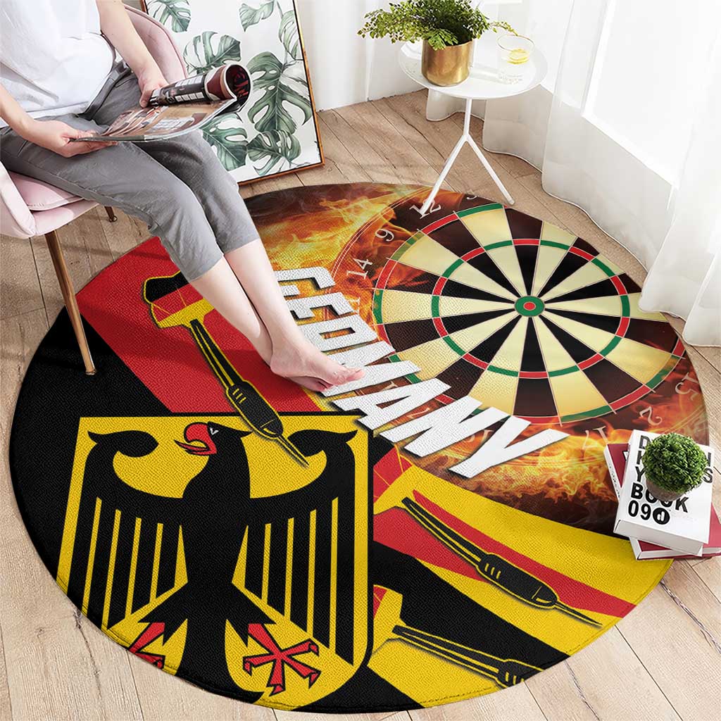 Round dartboard-style rug with flame graphics and black, red, yellow, green colors