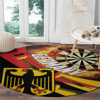 Round dartboard-style area rug featuring target, flames, and black/red/yellow artwork