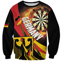 Unisex black crewneck sweatshirt with red/yellow darts graphic and dartboard art