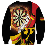 Unisex black crewneck sweatshirt with red side panels and large flaming dartboard graphic
