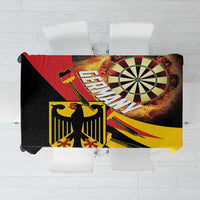 Dartboard-style tablecloth with black, yellow, and red flaming dart graphics