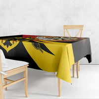 Dartboard-style tablecloth with black, yellow, and red abstract flaming dart design