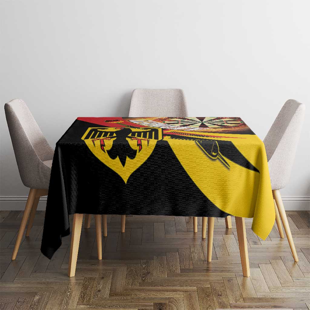 Dartboard-style tablecloth in black and yellow with dart and target graphics