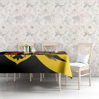 Dartboard-style tablecloth, black and yellow with red flaming dartboard accents