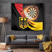 Germany darts flaming tapestry wall hanging with dartboard, black, red, and yellow design