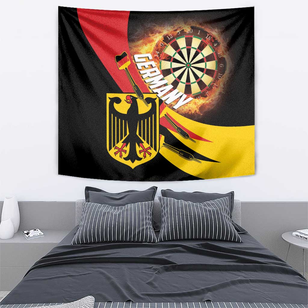Germany darts tapestry wall hanging featuring dartboard flame art on black fabric