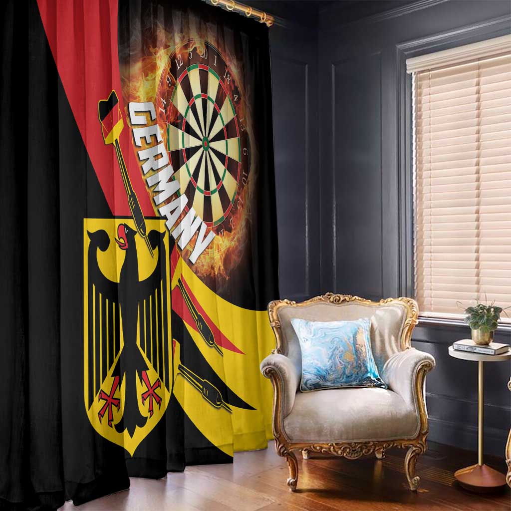 Black darts window curtain with large dartboard and German shield graphics on hanging panel