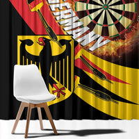 Black dart window curtain close-up with German shield, darts, and dartboard artwork