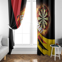 Black Germany darts window curtain with fiery dartboard print on one panel and red stripe