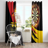 Hanging black darts curtain with red-and-yellow shield graphic and fiery dartboard print