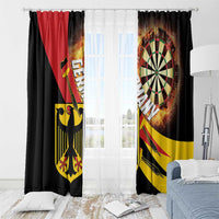 Black darts window curtain with dartboard artwork and German shield, two hanging panels