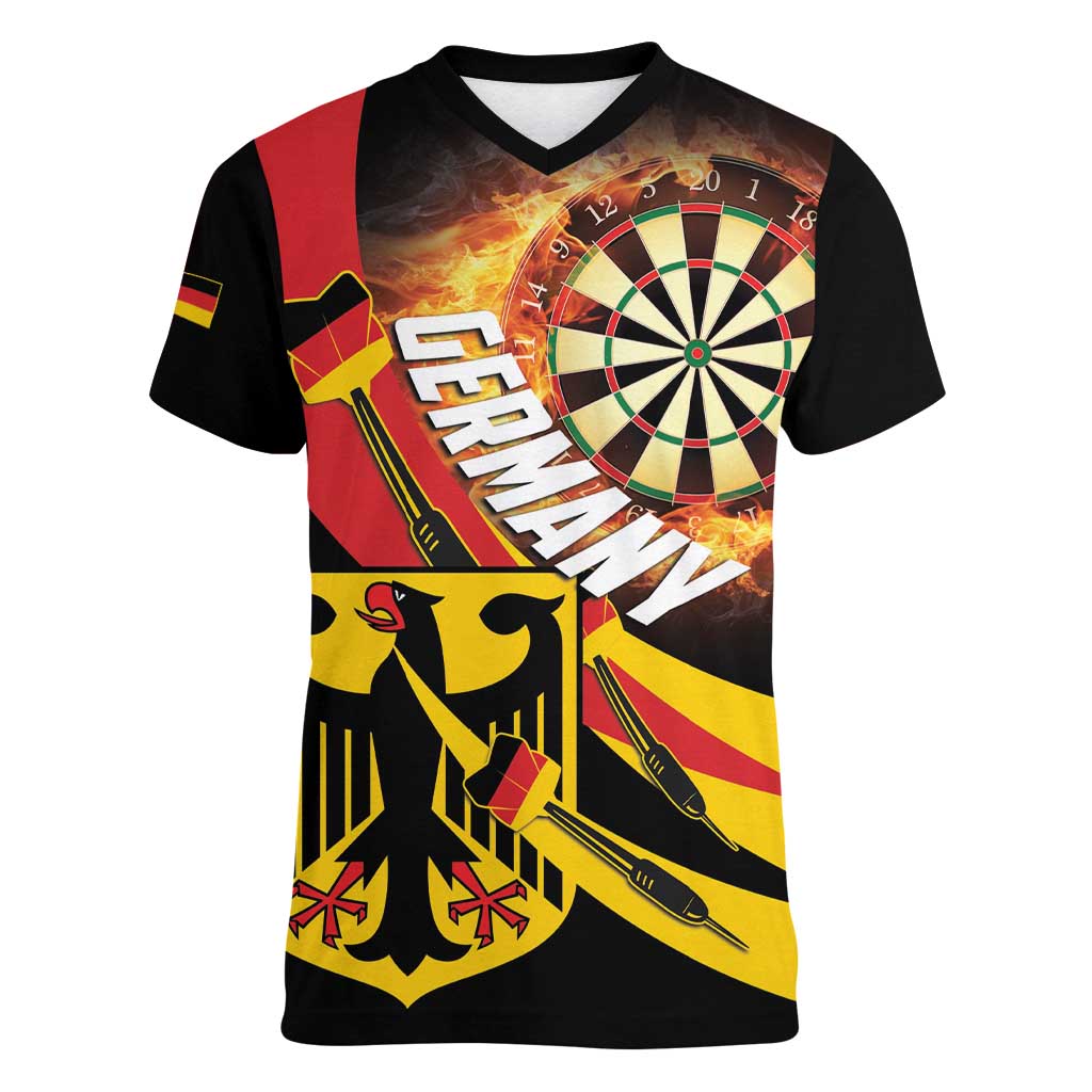 Personalised Germany Darts Women V-Neck T-Shirt Flaming Dartboard Style