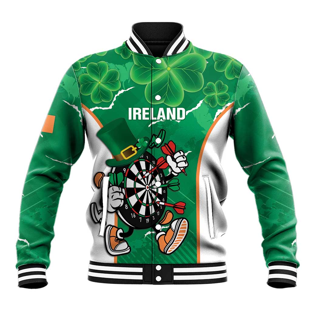 Green darts baseball jacket with white sleeves, varsity collar, front Ireland graphic