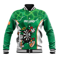 Green darts baseball jacket with white sleeves, varsity collar, front Ireland graphic