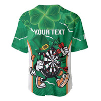 Green darts baseball jersey with clover pattern, YOUR TEXT on back, dartboard mascot