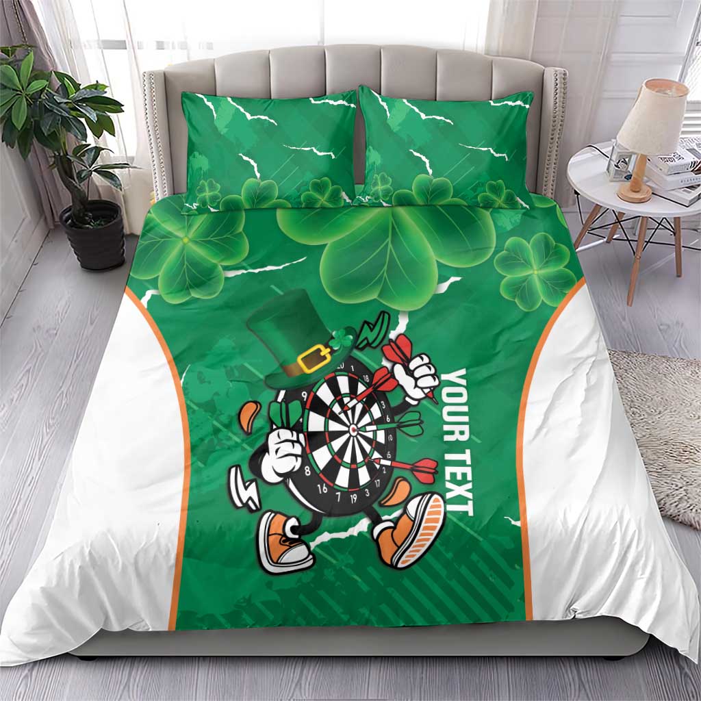 Green bedding set with clover shamrock pattern and running darts mascot holding a dartboard.