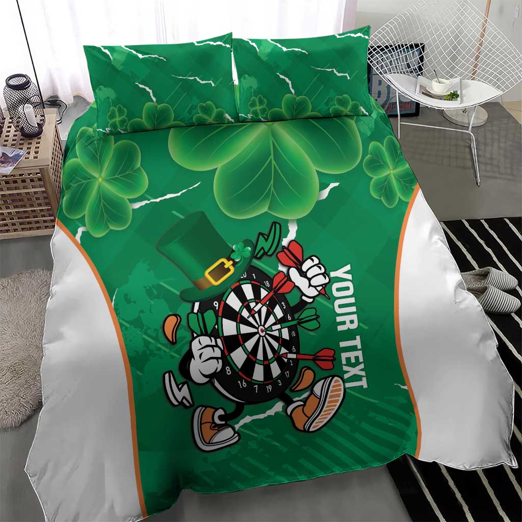 Green duvet cover with clover shamrock design and running darts mascot on the center panel.