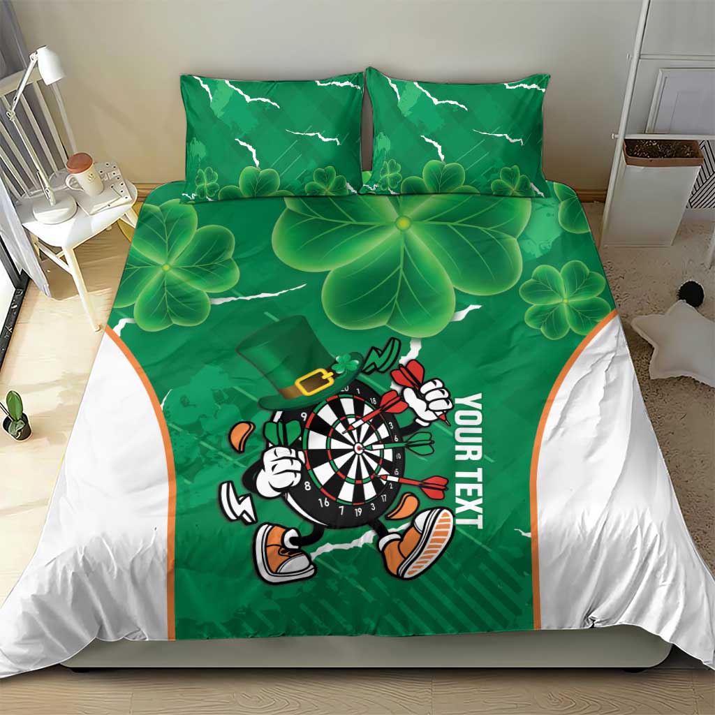 Green bedding set featuring a clover shamrock pattern and darts mascot with dartboard artwork.