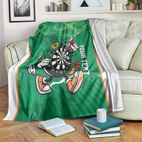 Green personalised darts blanket with shamrock clover leaves and dartboard mascot, white border