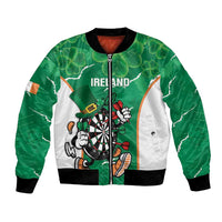 Green unisex bomber jacket with dartboard mascot and shamrock clover pattern, full-zip front