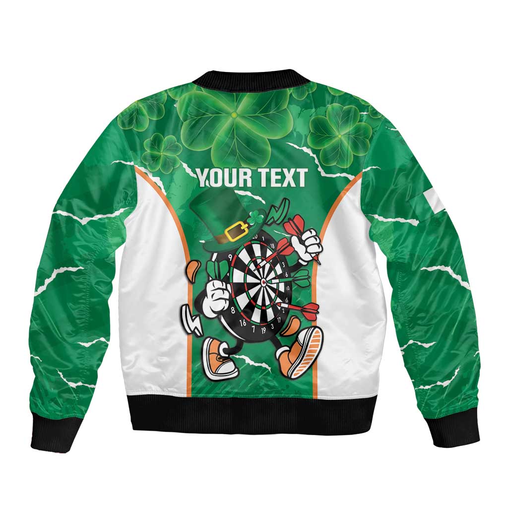 Green unisex bomber jacket with dartboard mascot, shamrock clover pattern, full-zip front, back text