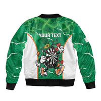 Green unisex bomber jacket with dartboard mascot, shamrock clover pattern, full-zip front, back text