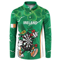 Green button sweatshirt with clover pattern and 'IRELAND' darts graphic