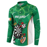 Green button sweatshirt with clover pattern and 'IRELAND' darts graphic, angled view