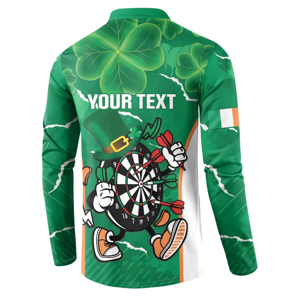 Green button sweatshirt back with 'YOUR TEXT' and clover darts mascot graphic