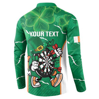 Green button sweatshirt back with 'YOUR TEXT' and clover darts mascot graphic