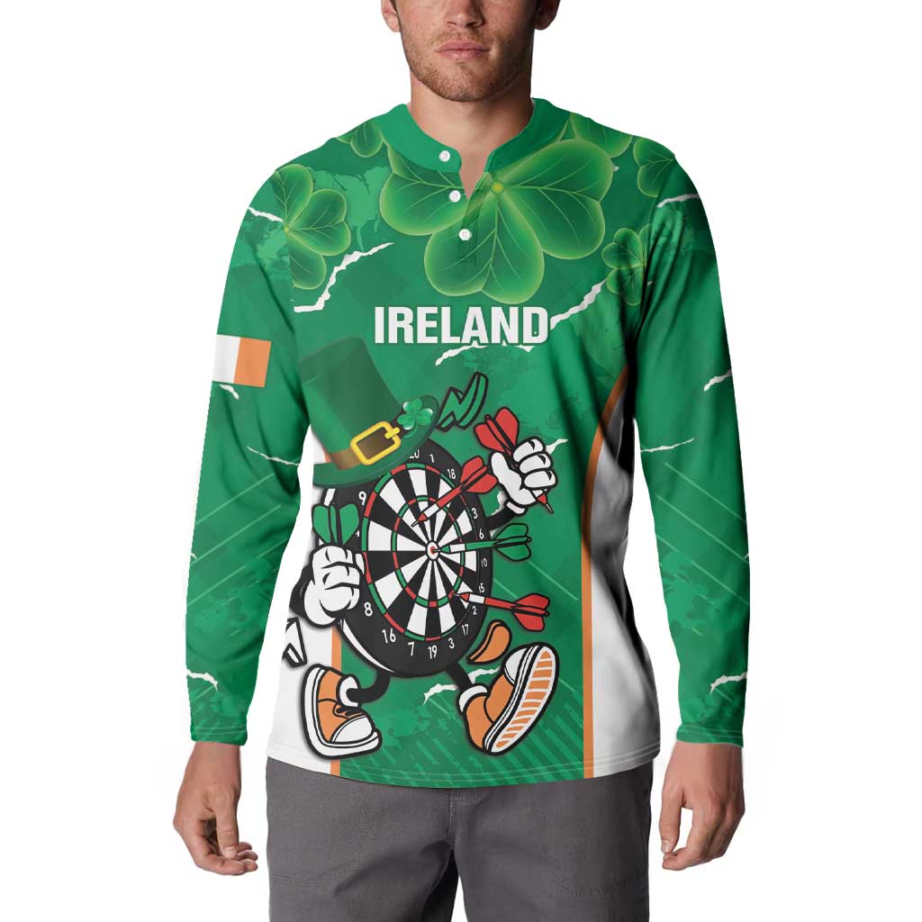 Green button sweatshirt on model front with 'IRELAND' darts graphic and clovers