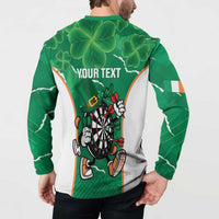 Green button sweatshirt back with 'YOUR TEXT' and dartboard mascot between clovers