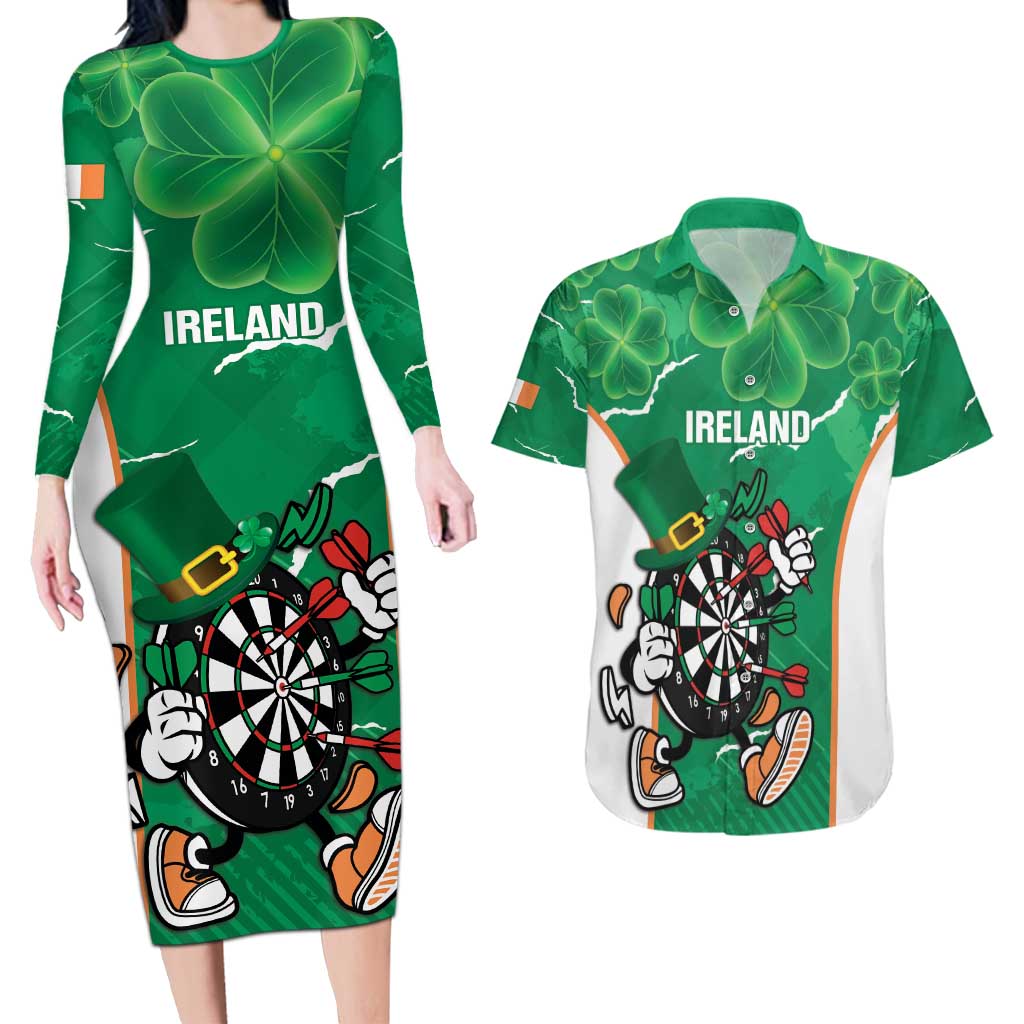 Personalised Ireland Darts Couples Matching Long Sleeve Bodycon Dress and Hawaiian Shirt Irish Dartboard Mascot Shamrock Pattern - Wonder Print Shop