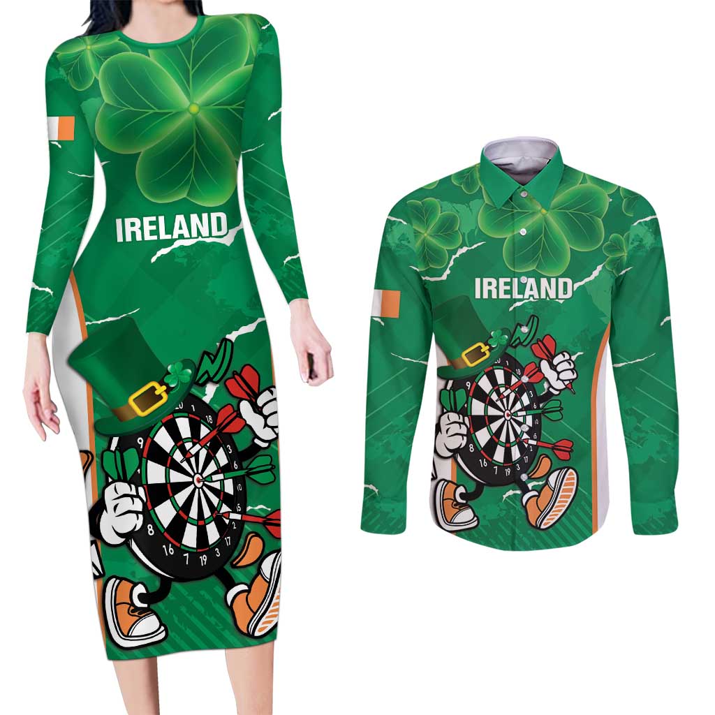 Personalised Ireland Darts Couples Matching Long Sleeve Bodycon Dress and Long Sleeve Button Shirt Irish Dartboard Mascot Shamrock Pattern - Wonder Print Shop