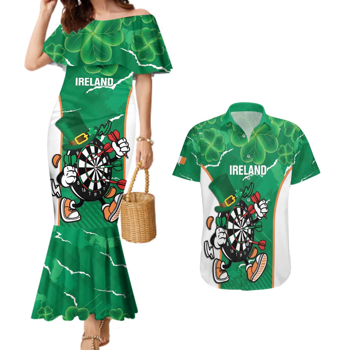 Personalised Ireland Darts Couples Matching Mermaid Dress and Hawaiian Shirt Irish Dartboard Mascot Shamrock Pattern - Wonder Print Shop