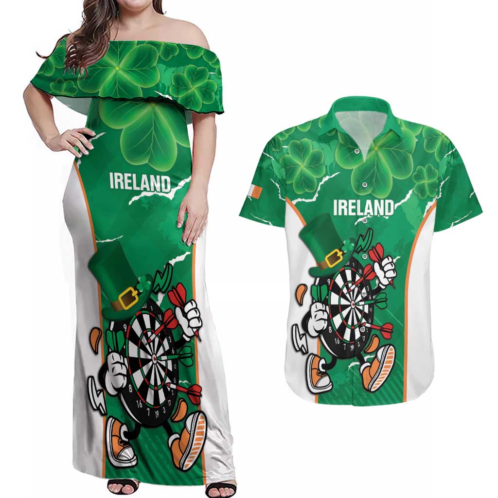 Personalised Ireland Darts Couples Matching Off Shoulder Maxi Dress and Hawaiian Shirt Irish Dartboard Mascot Shamrock Pattern - Wonder Print Shop