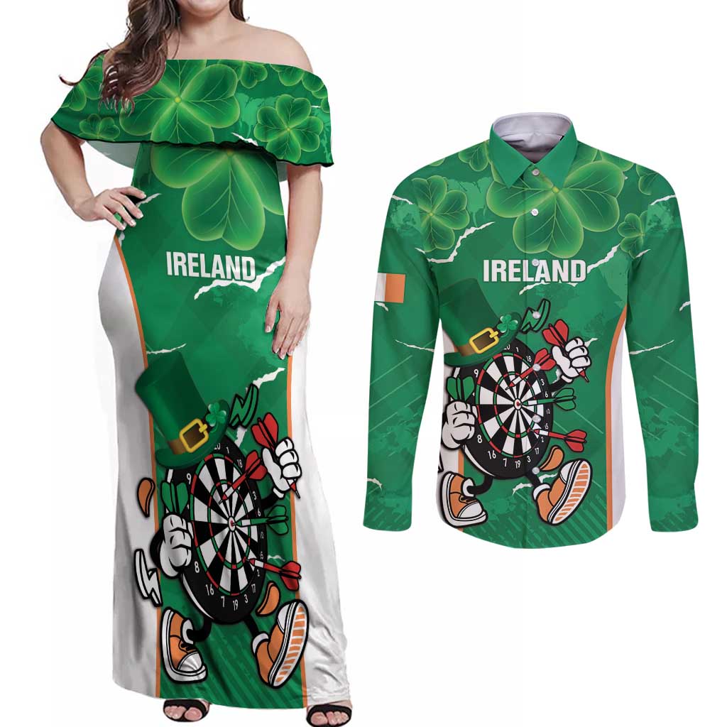 Personalised Ireland Darts Couples Matching Off Shoulder Maxi Dress and Long Sleeve Button Shirt Irish Dartboard Mascot Shamrock Pattern - Wonder Print Shop