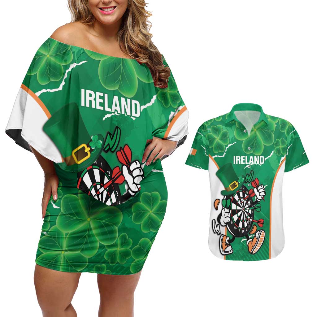 Personalised Ireland Darts Couples Matching Off Shoulder Short Dress and Hawaiian Shirt Irish Dartboard Mascot Shamrock Pattern - Wonder Print Shop