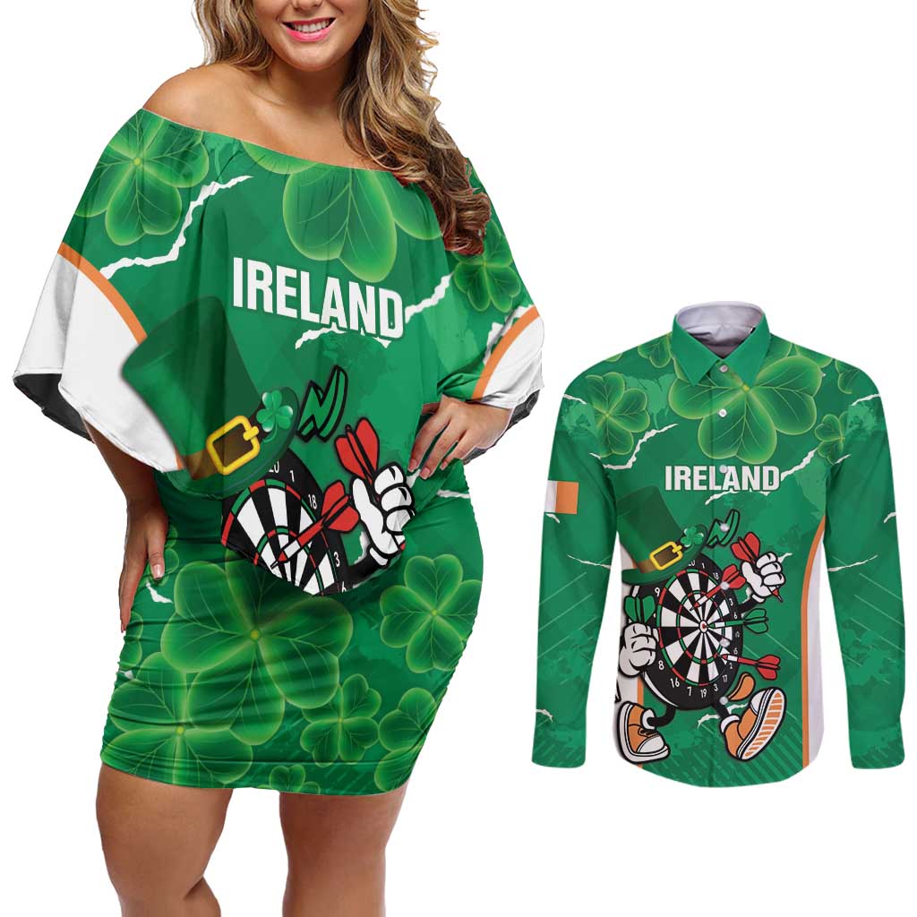 Personalised Ireland Darts Couples Matching Off Shoulder Short Dress and Long Sleeve Button Shirt Irish Dartboard Mascot Shamrock Pattern - Wonder Print Shop