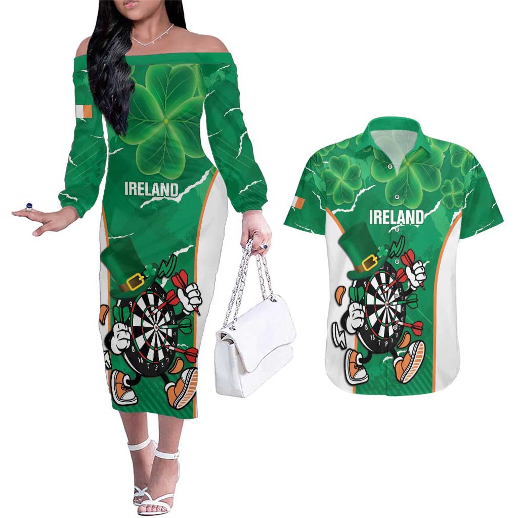 Personalised Ireland Darts Couples Matching Off The Shoulder Long Sleeve Dress and Hawaiian Shirt Irish Dartboard Mascot Shamrock Pattern - Wonder Print Shop