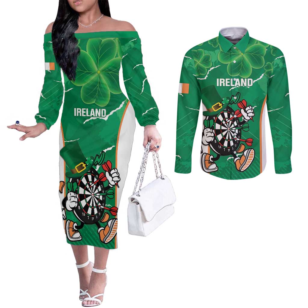 Personalised Ireland Darts Couples Matching Off The Shoulder Long Sleeve Dress and Long Sleeve Button Shirt Irish Dartboard Mascot Shamrock Pattern