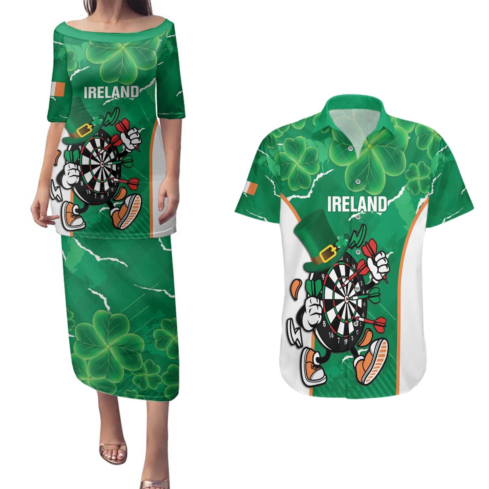 Personalised Ireland Darts Couples Matching Puletasi and Hawaiian Shirt Irish Dartboard Mascot Shamrock Pattern - Wonder Print Shop