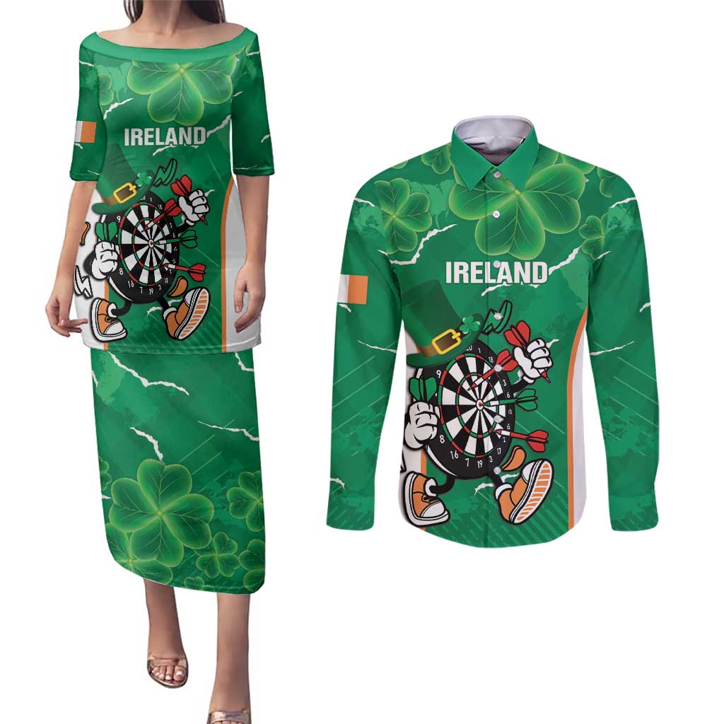 Personalised Ireland Darts Couples Matching Puletasi and Long Sleeve Button Shirt Irish Dartboard Mascot Shamrock Pattern - Wonder Print Shop